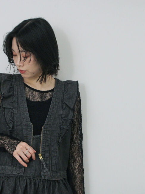 Samansa Mos2 blue「【ECO DENIM】ショルダーフリルベスト」|ダウンベスト・ベスト|