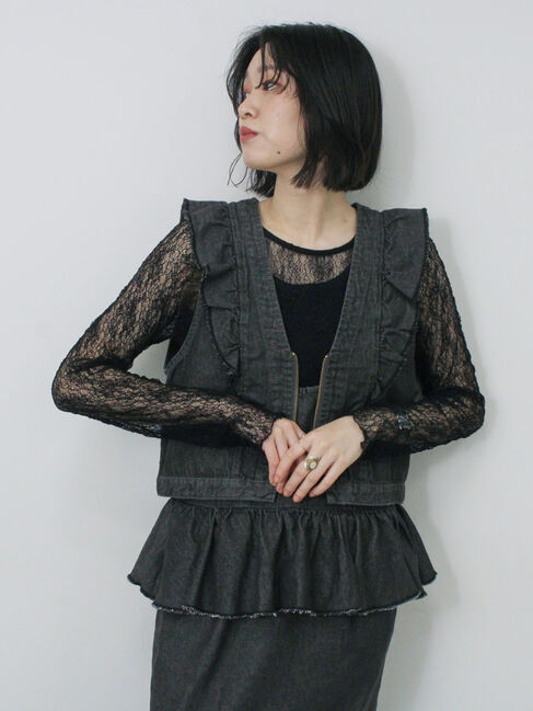 Samansa Mos2 blue「【ECO DENIM】ショルダーフリルベスト」|ダウンベスト・ベスト|