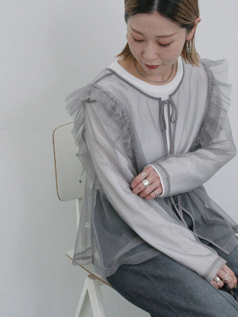 Samansa Mos2 blue「2wayラメチュールフリルプルオーバー」|Tシャツ・カットソー|