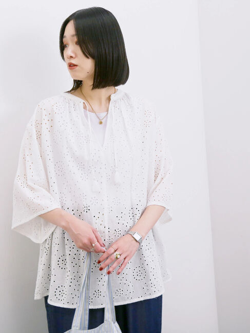 Samansa Mos2 blue「【Made in India】タッセル付ギャザーレースブラウス」|シャツ・ブラウス|