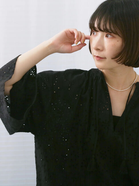 Samansa Mos2 blue「【Made in India】タッセル付ギャザーレースブラウス」|シャツ・ブラウス|