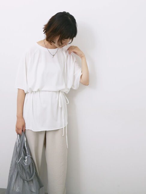 Samansa Mos2 blue「◎【接触冷感】ウエストリボンTシャツ」|Tシャツ・カットソー|