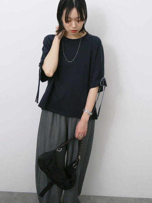 Samansa Mos2 blue「◎【接触冷感】ベロアラインリボンTシャツ」|Tシャツ・カットソー|