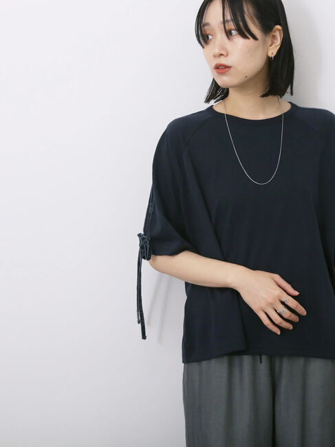 Samansa Mos2 blue「◎【接触冷感】ベロアラインリボンTシャツ」|Tシャツ・カットソー|