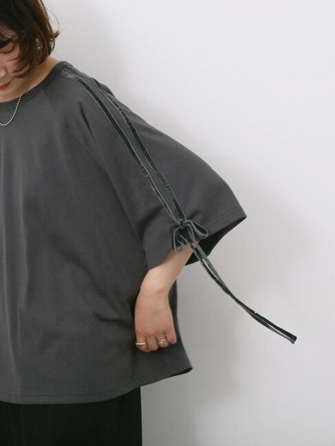 Samansa Mos2 blue「◎【接触冷感】ベロアラインリボンTシャツ」|Tシャツ・カットソー|