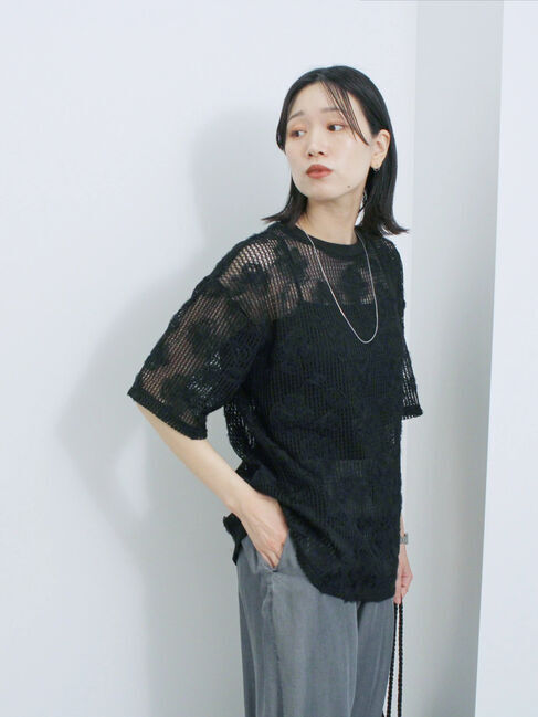 Samansa Mos2 blue「チュールフラワーコードTシャツ」|Tシャツ・カットソー|