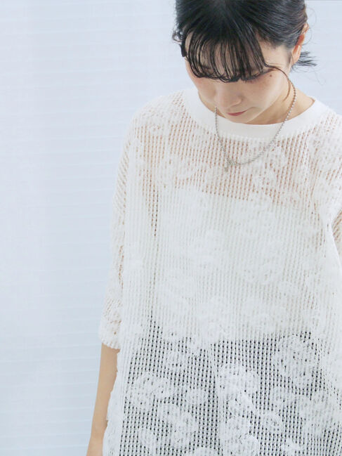 Samansa Mos2 blue「チュールフラワーコードTシャツ」|Tシャツ・カットソー|