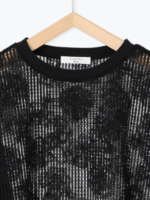 Samansa Mos2 blue「チュールフラワーコードTシャツ」|Tシャツ・カットソー|