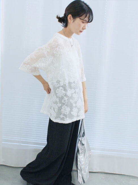 Samansa Mos2 blue「チュールフラワーコードTシャツ」|Tシャツ・カットソー|