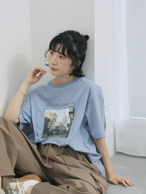 Samansa Mos2 blue「布帛切替ドルマンTシャツ」|Tシャツ・カットソー|サックスブルー
