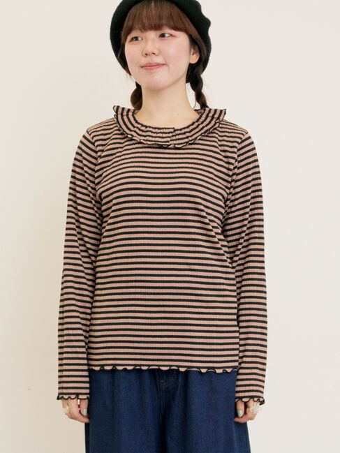 Samansa Mos2「襟付きしぼしぼボーダーカットソー」|Tシャツ・カットソー|モカ