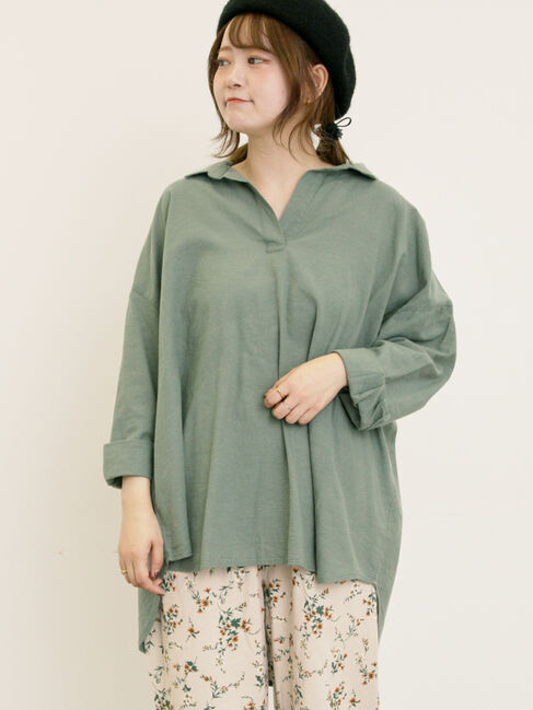 Samansa Mos2「後ろ釦スキッパーチュニック」|シャツ・ブラウス|グリーン