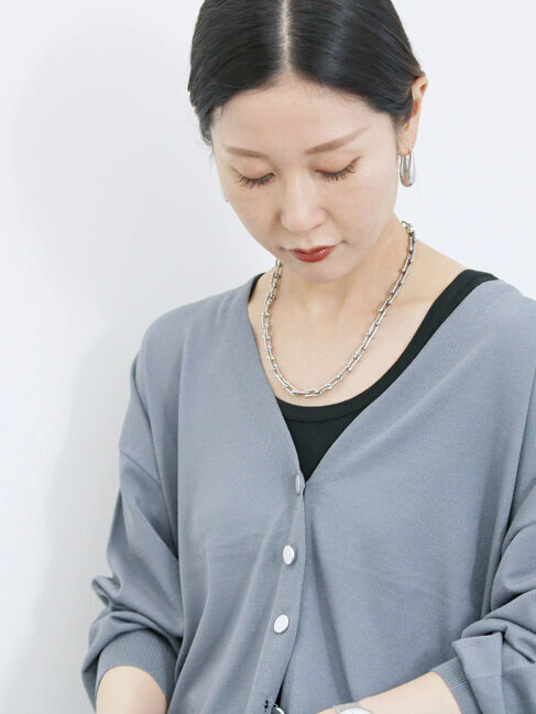 Samansa Mos2 blue「裾ドロストニットカーディガン」|カーディガン|