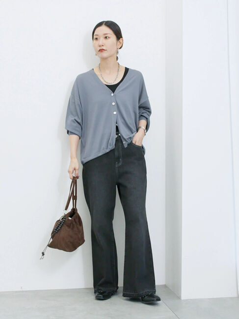 Samansa Mos2 blue「裾ドロストニットカーディガン」|カーディガン|