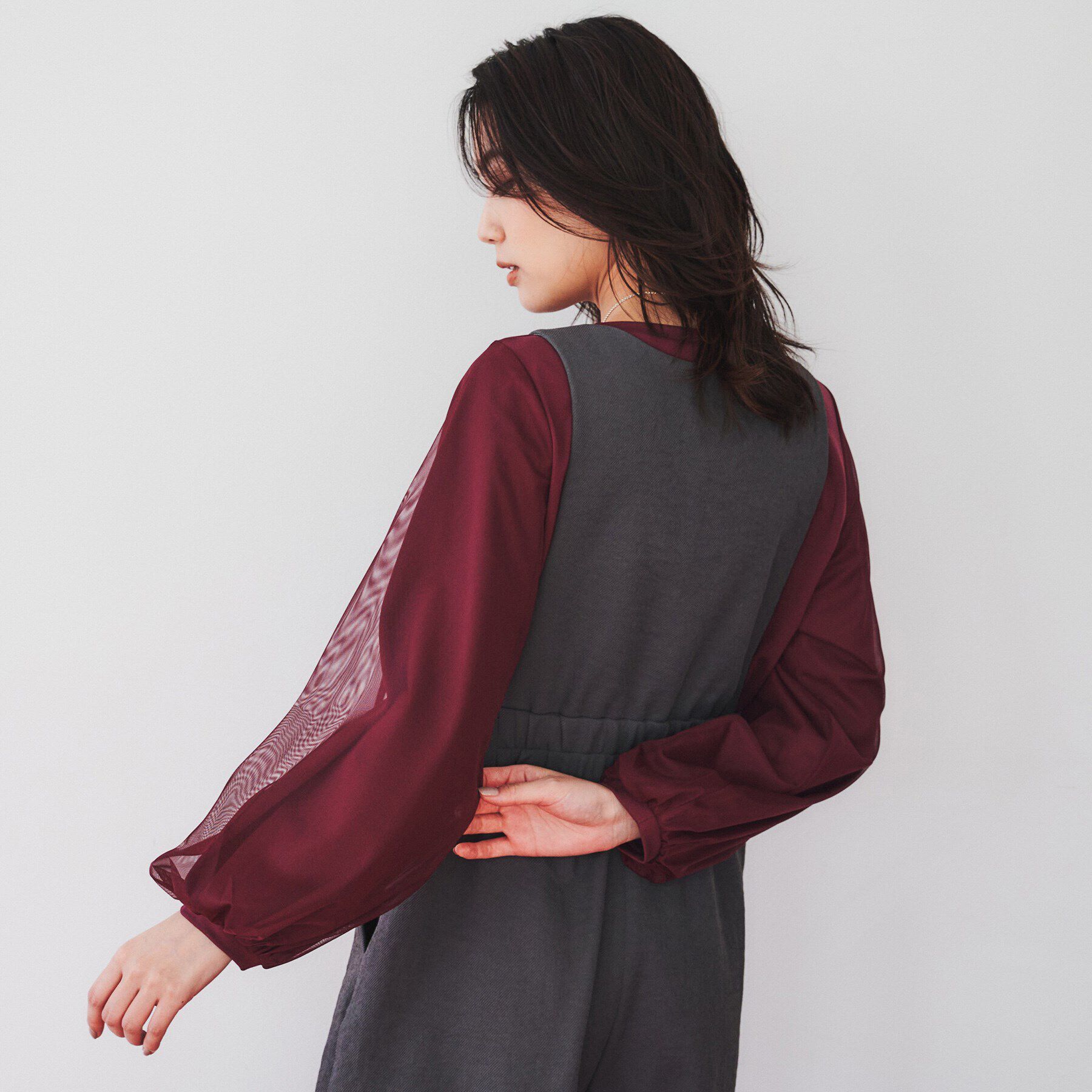 UNTITLED「【洗える/すっきり丈/きれいめ】ストレッチポンチ袖チュールカットソー」|Tシャツ・カットソー|