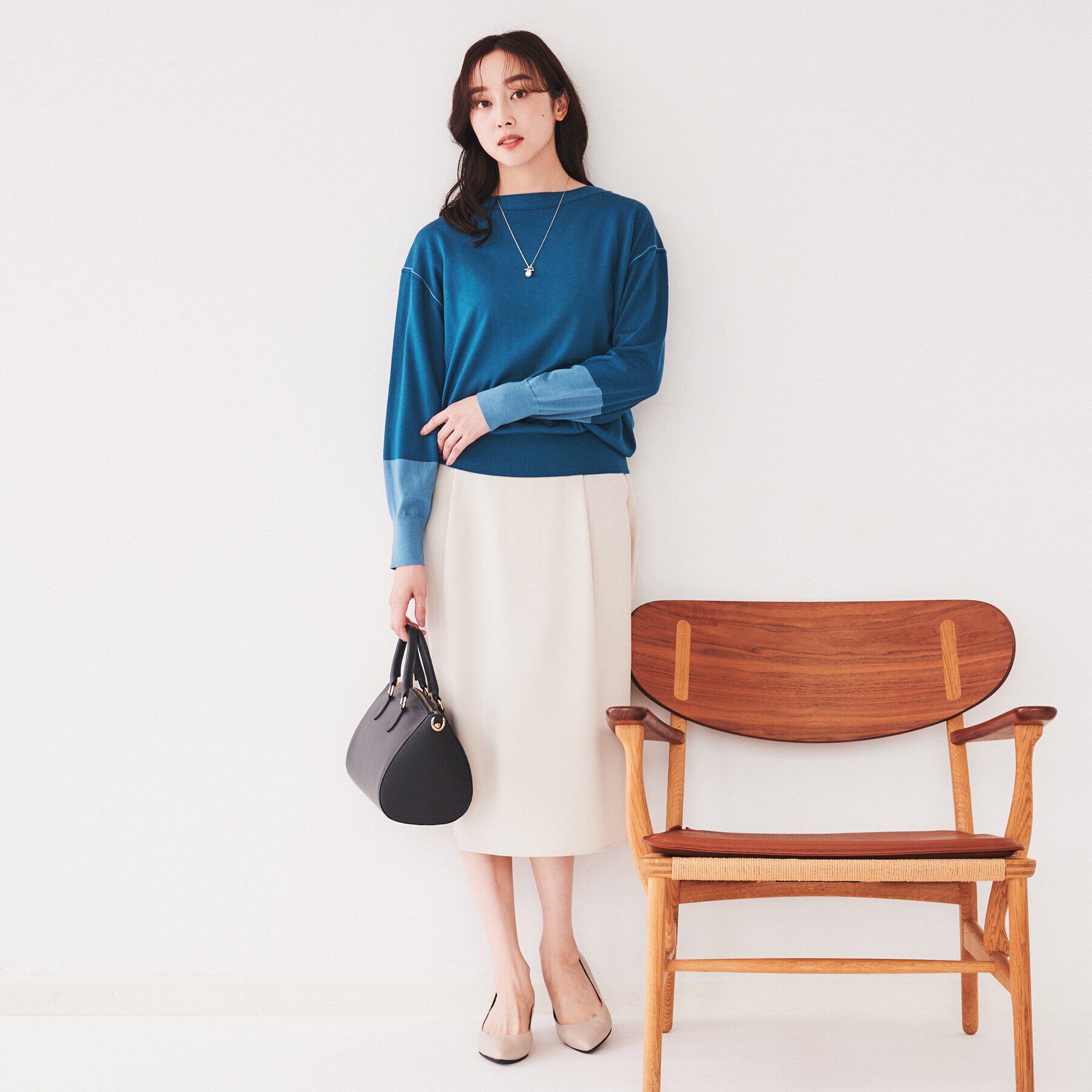 UNTITLED「【袖口カラーがアクセントに！】クルーネック ハイゲージニット」|ニット・セーター|