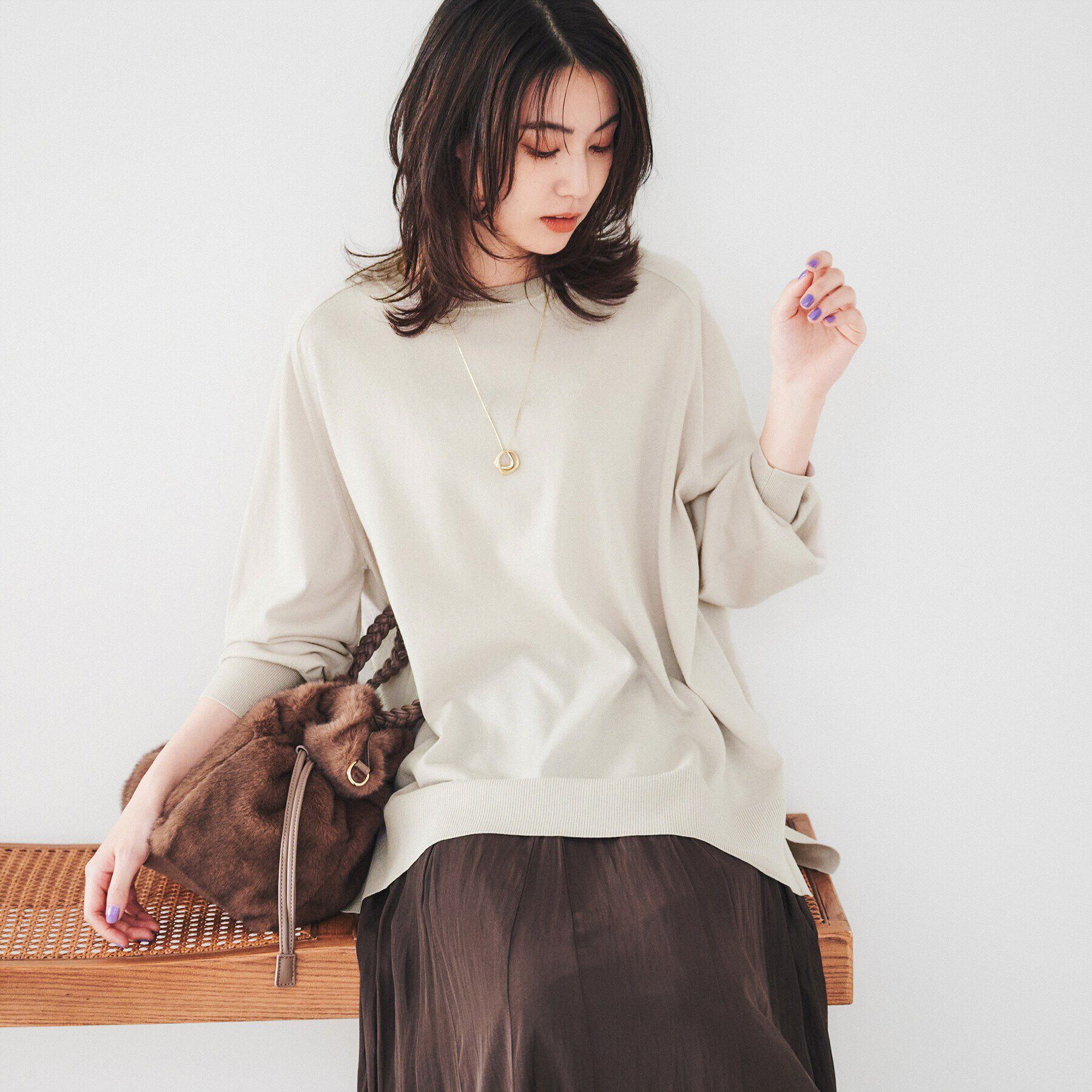 UNTITLED「【体型カバー】ウール ロング丈プルオーバーニット」|ニット・セーター|グレージュ(050)