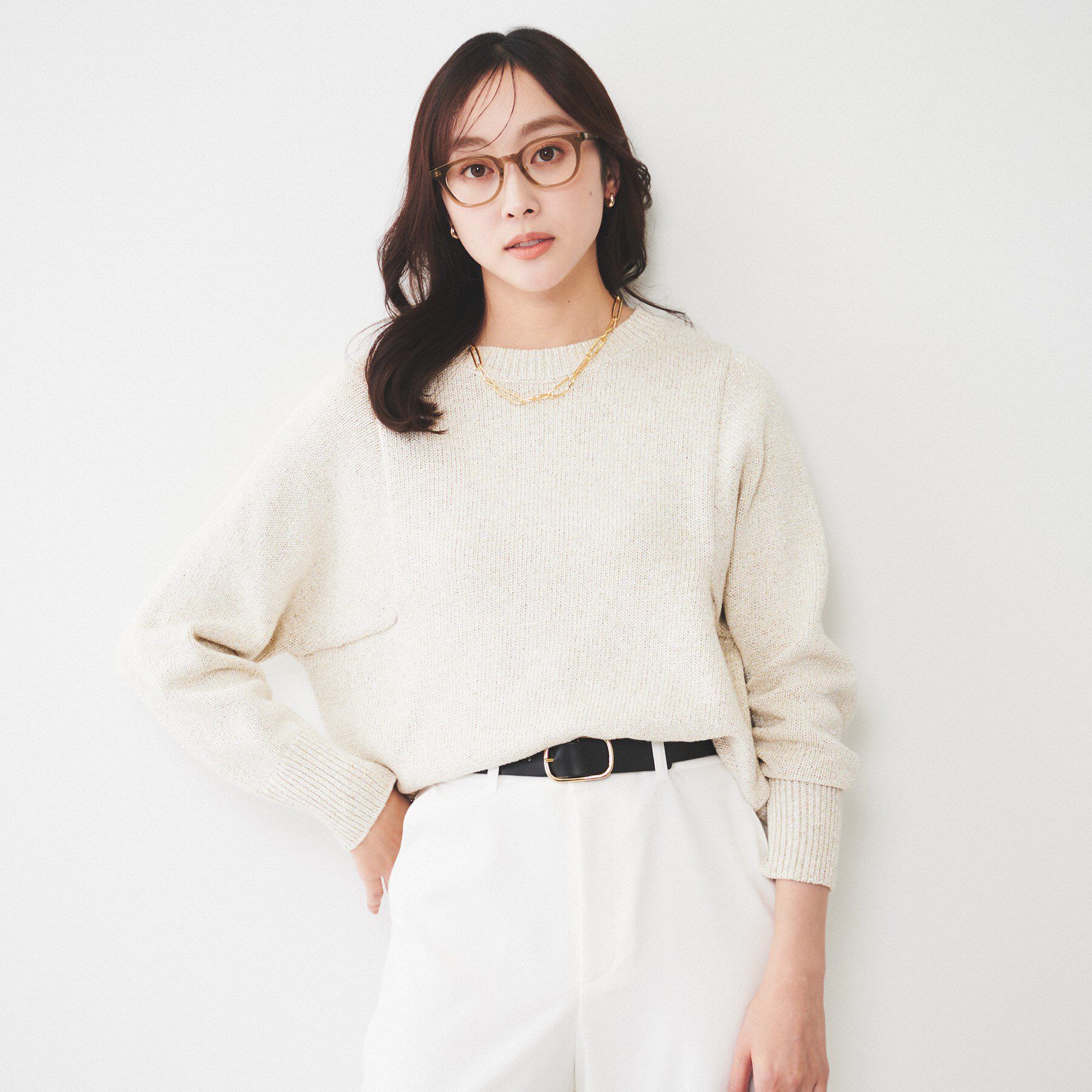 UNTITLED「【ゆったり/洗える】ラメ入りローゲージニット」|ニット・セーター|オフホワイト(003