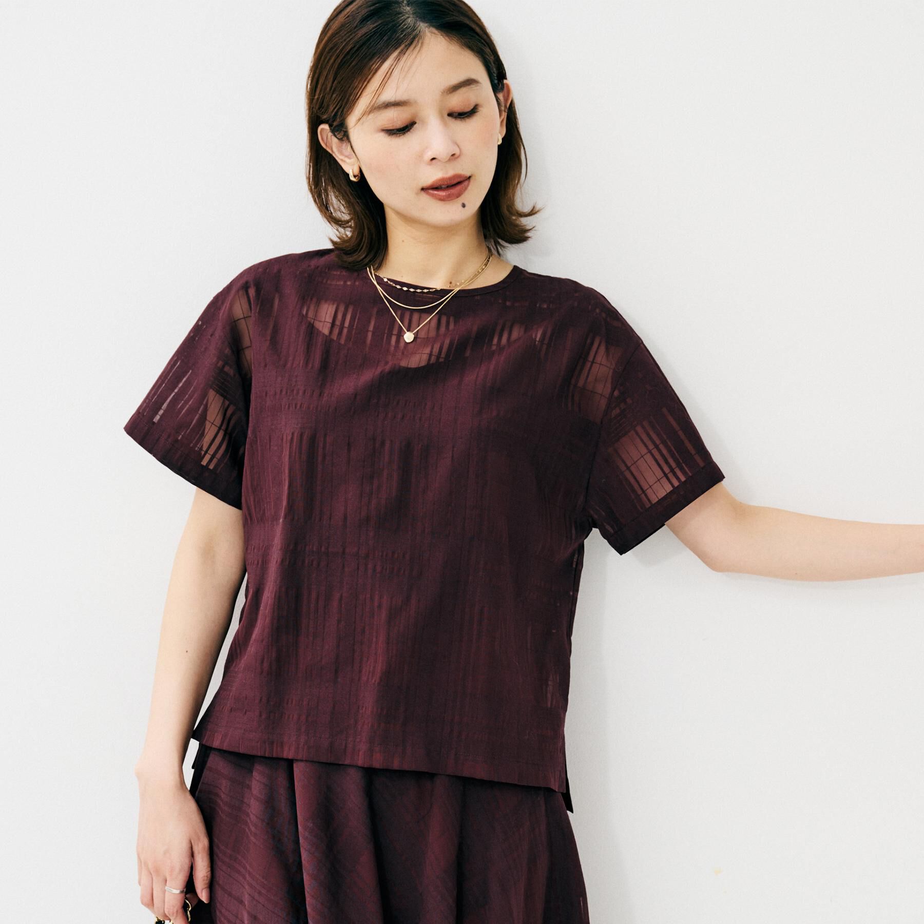 UNTITLED「【セットアップ可/エレガント】シアーチェックTブラウス」|シャツ・ブラウス|