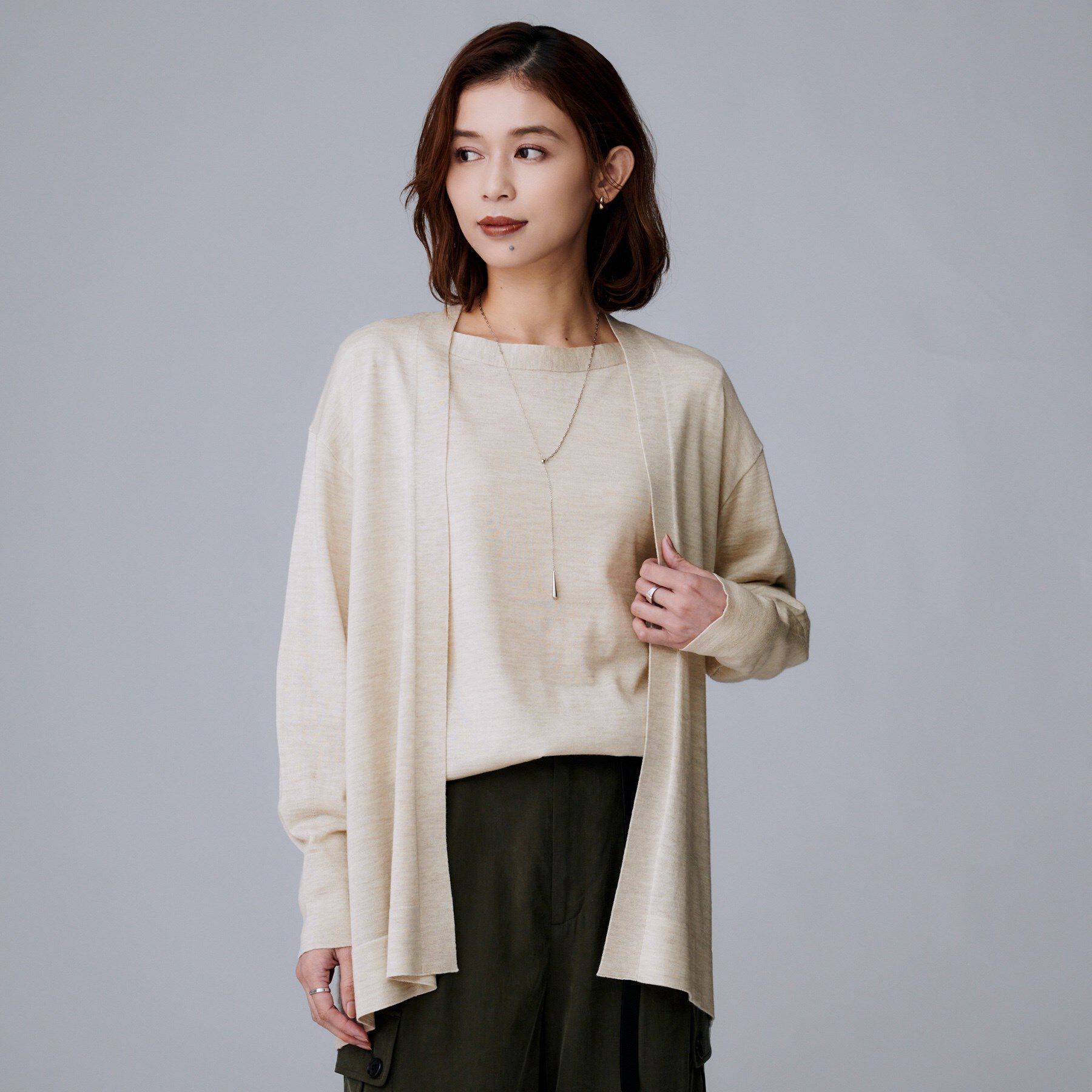 UNTITLED「【アンサンブル可/洗える/ボタンなし】シルクウールカシミヤ 着流しカーディガン」|カーディガン|