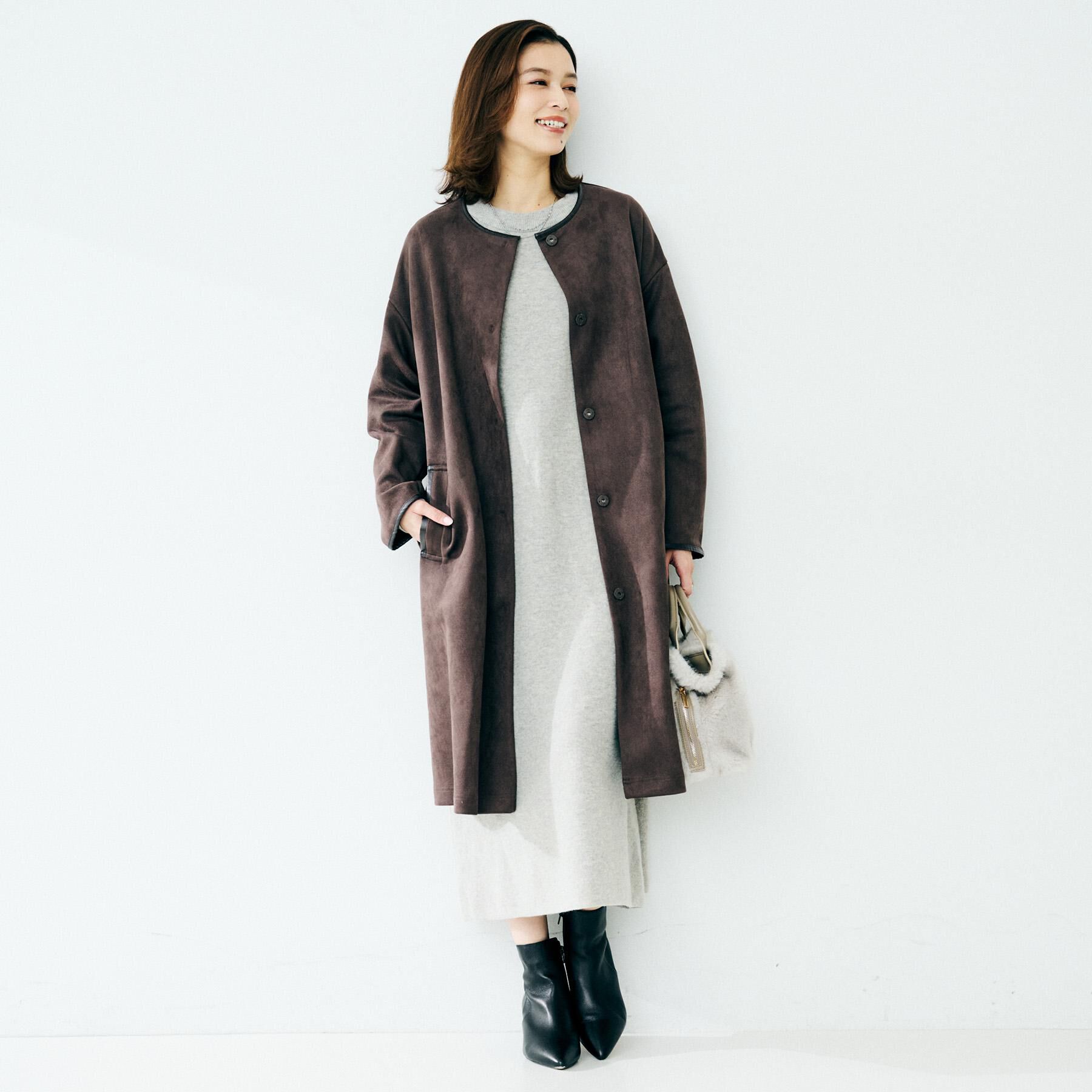 UNTITLED「【洗える/軽羽織り】マシュマロタッチ　スエード調コート」|ノーカラーコート|