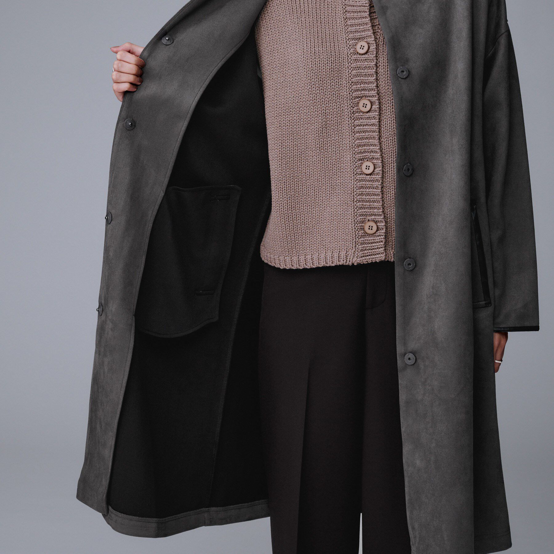 UNTITLED「【洗える/軽羽織り】マシュマロタッチ　スエード調コート」|ノーカラーコート|