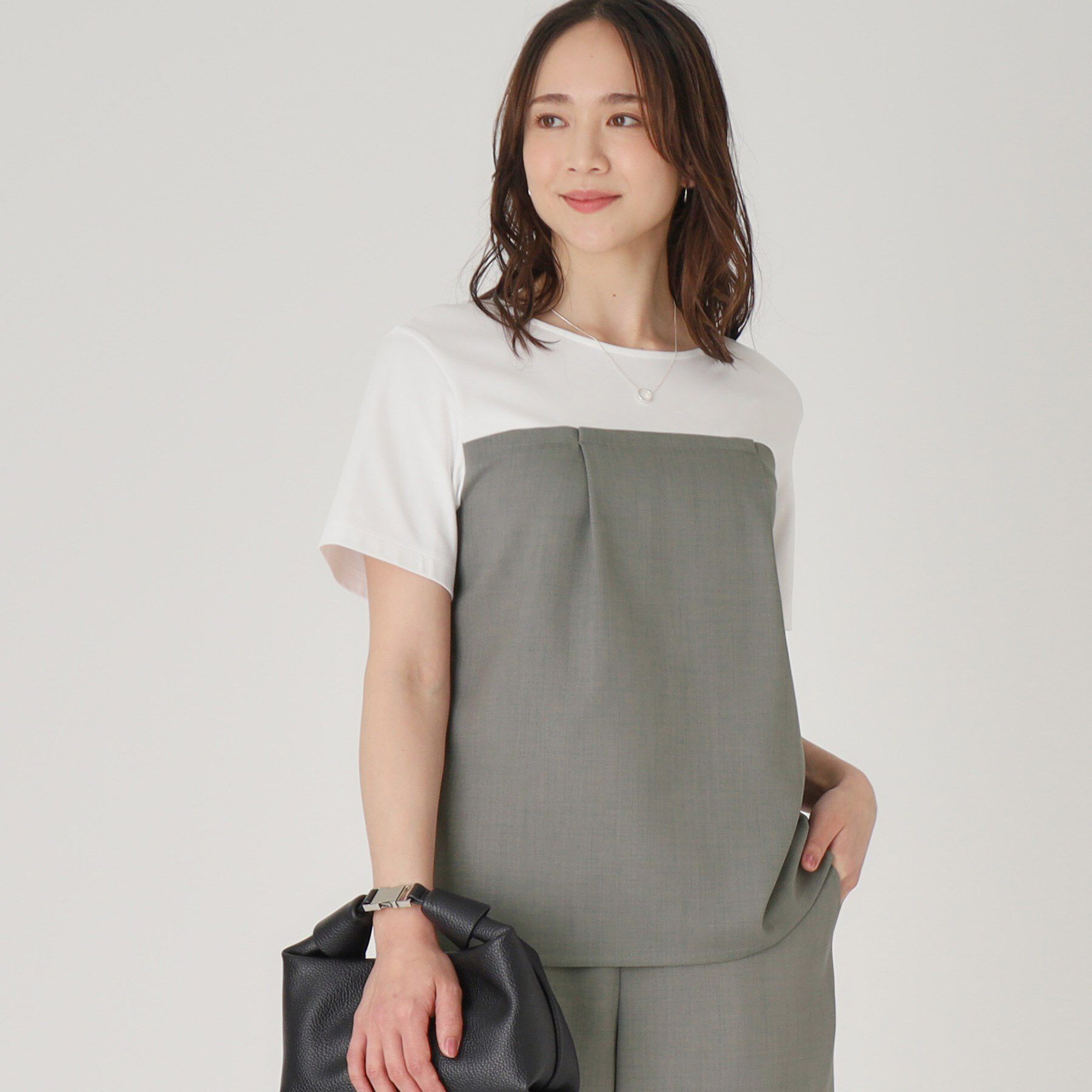 COUP DE CHANCE「【洗える／日本製／ビスチエレイヤード風／セットアップ可】異素材組合せのジャージプルオーバー」|Tシャツ・カットソー|