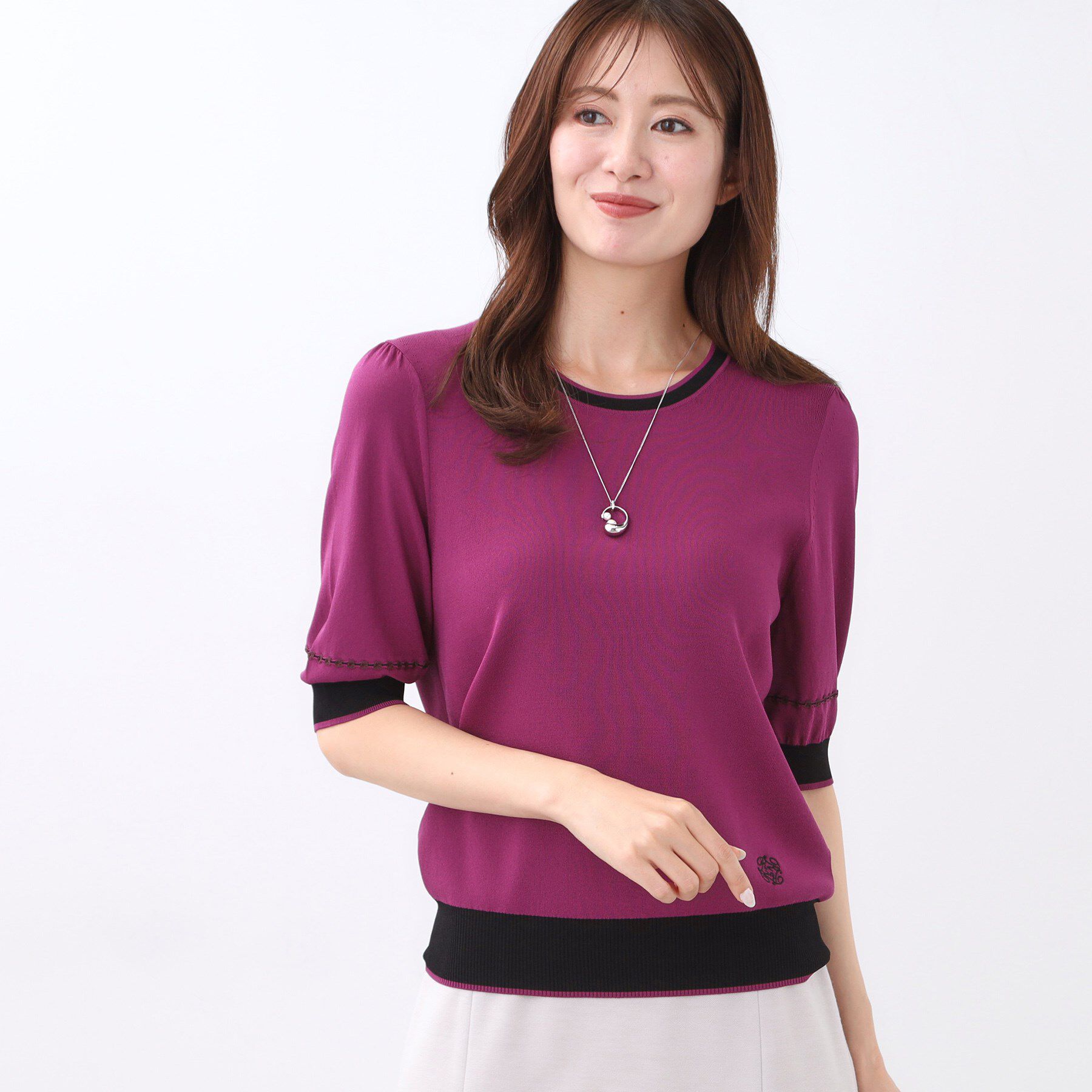 Reflect「【WEB先行カラーあり／手洗い可／アンサンブル可】バイカラー五分袖ニット」|ニット・セーター|