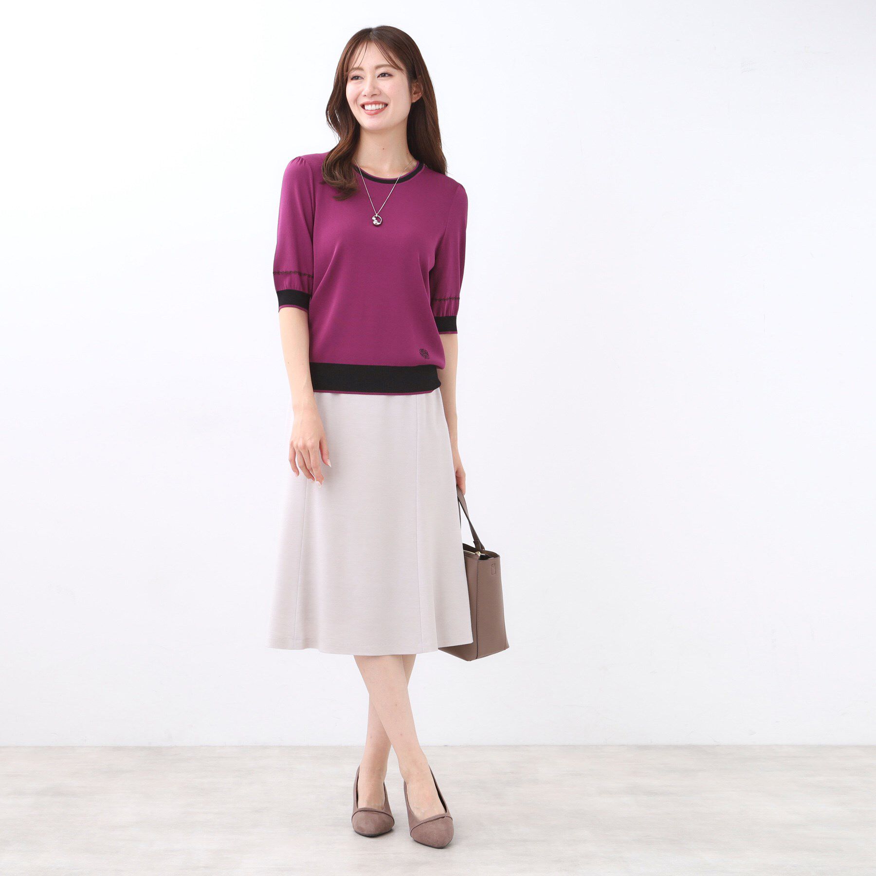 Reflect「【WEB先行カラーあり／手洗い可／アンサンブル可】バイカラー五分袖ニット」|ニット・セーター|