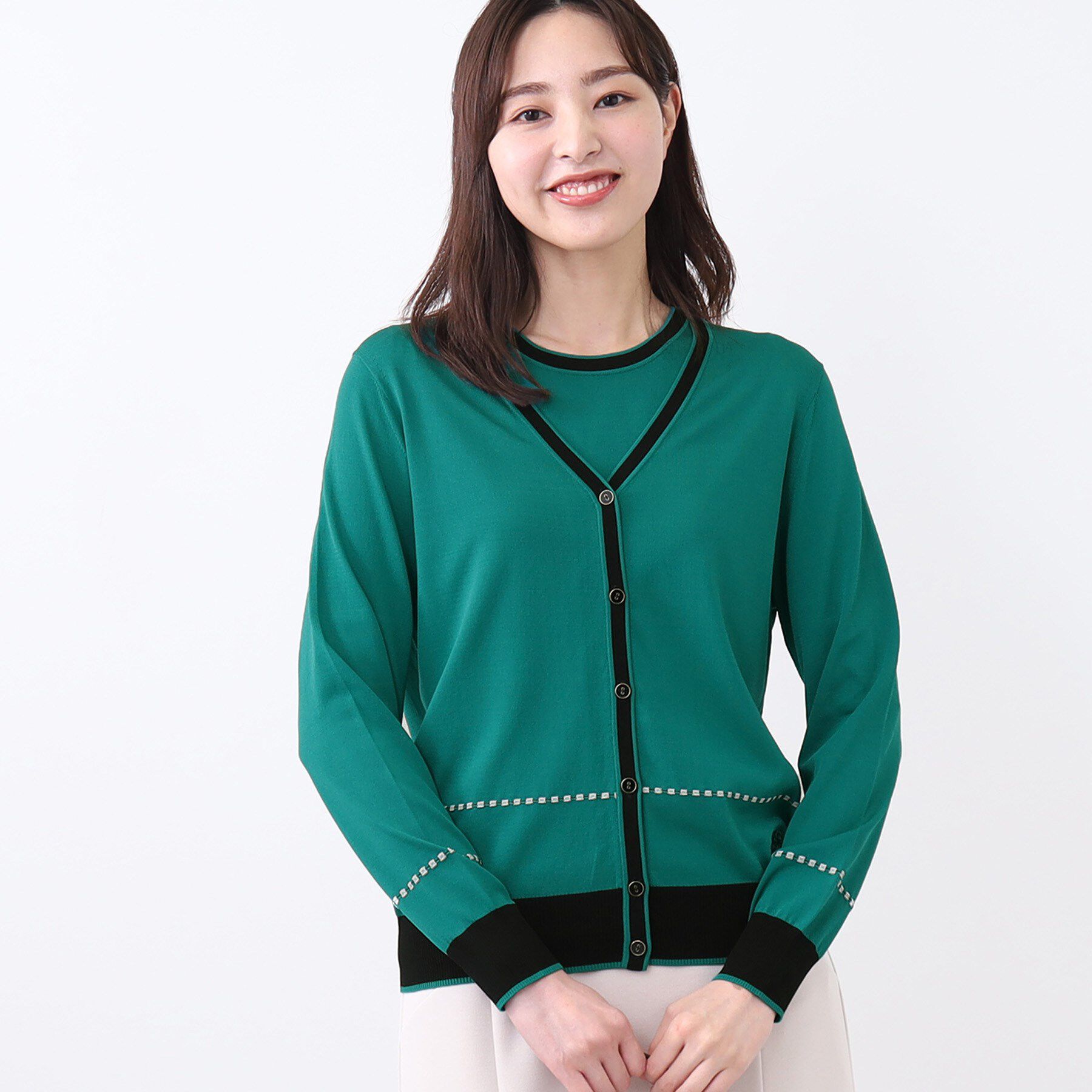 Reflect「【WEB先行カラーあり／手洗い可／アンサンブル可】バイカラーカーディガン」|カーディガン|ブルーグリーン(59