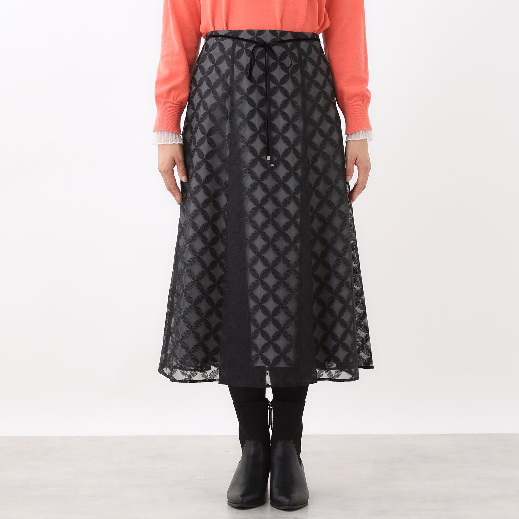 Reflect「【ウエストリボン付き】フラワー柄シアーフレアスカート」|スカート|