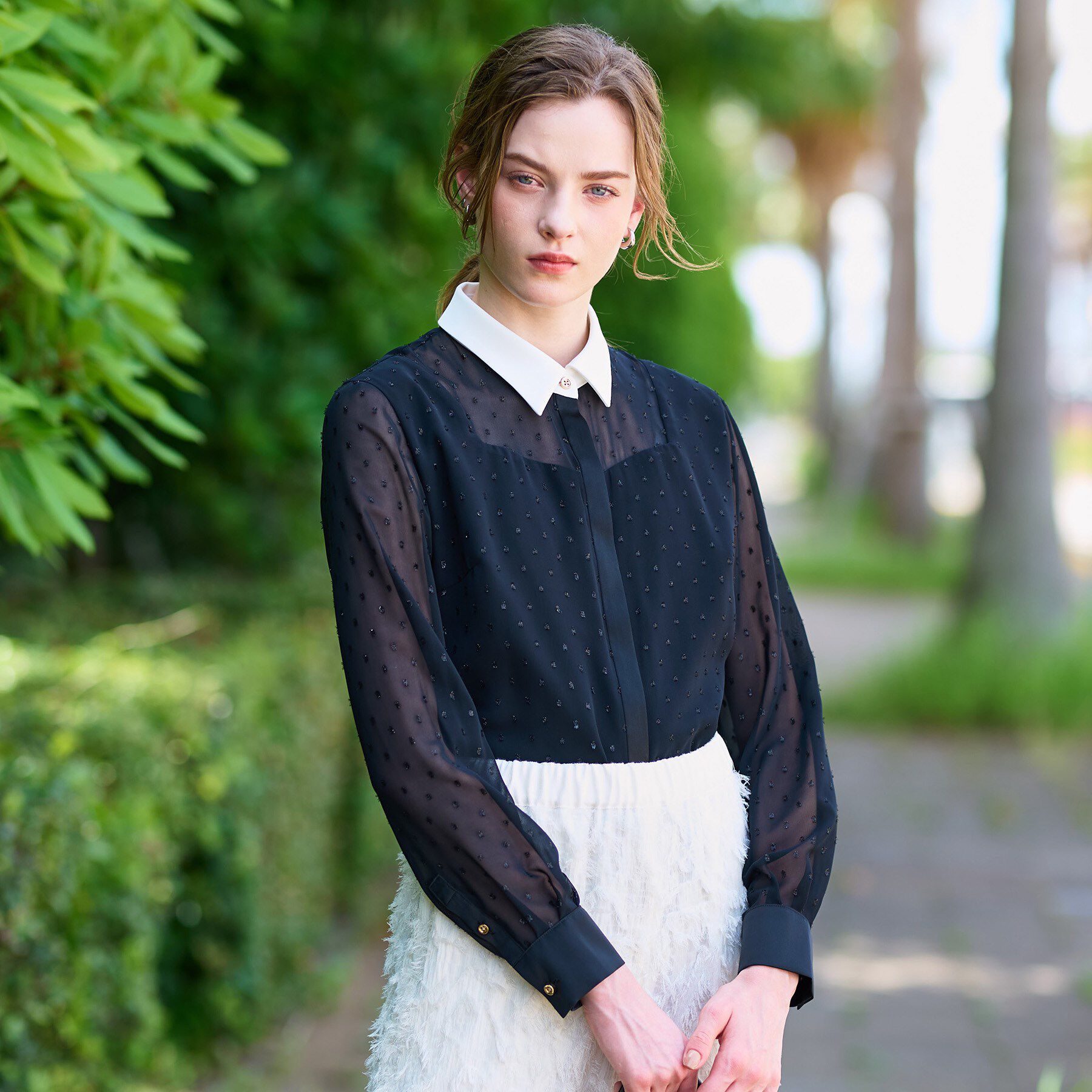 DRESSTERIOR「【洗える/シアー素材】フィルムドットクレリックブラウス」|シャツ・ブラウス|