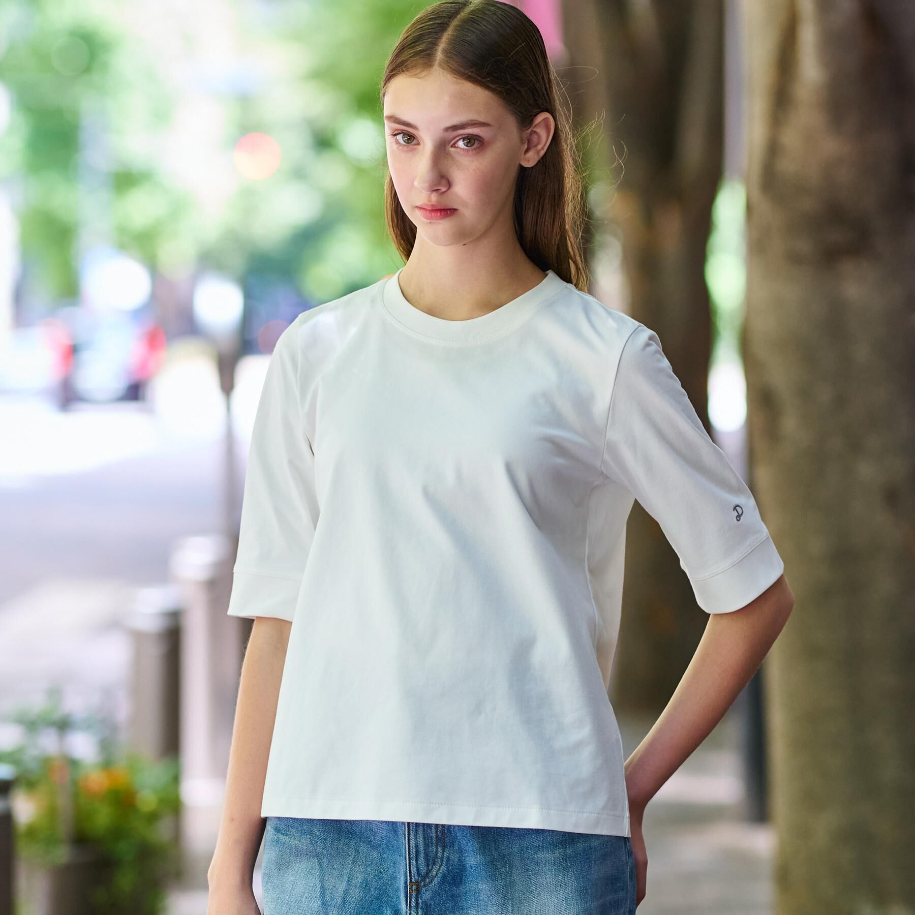 DRESSTERIOR「【洗える/五分丈】バックブリーズテック五分丈Tシャツ」|Tシャツ・カットソー|ホワイト(001)