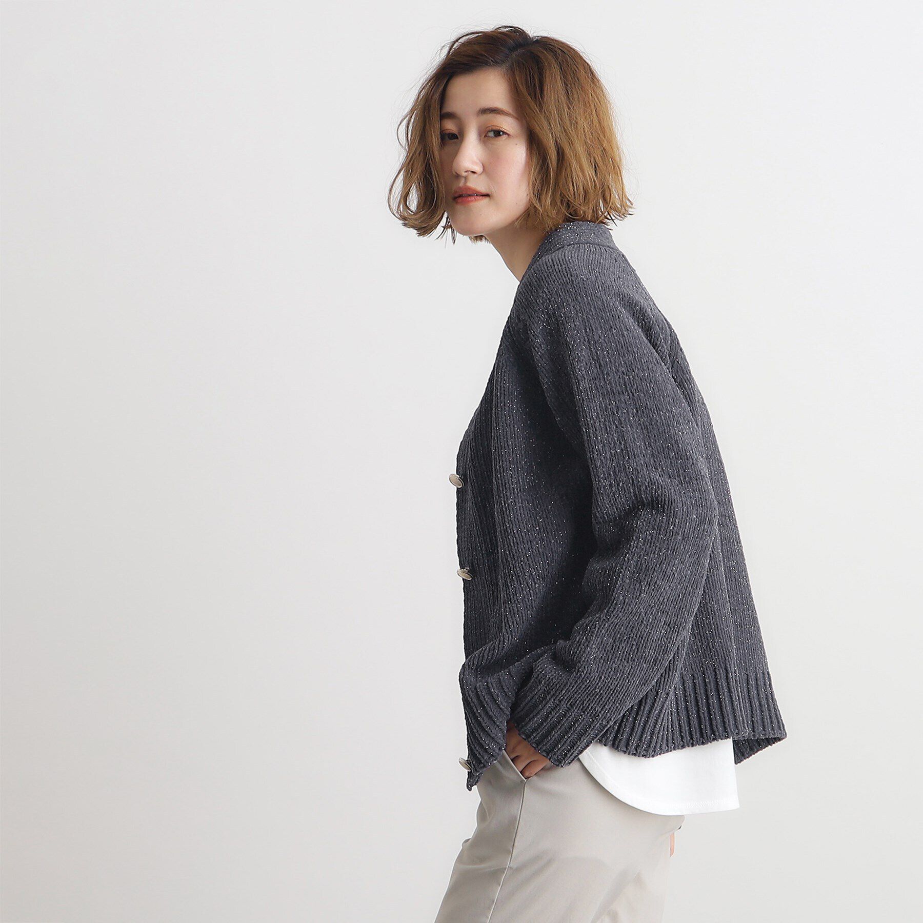 grove「ラメモールVネックカーディガン」|カーディガン|