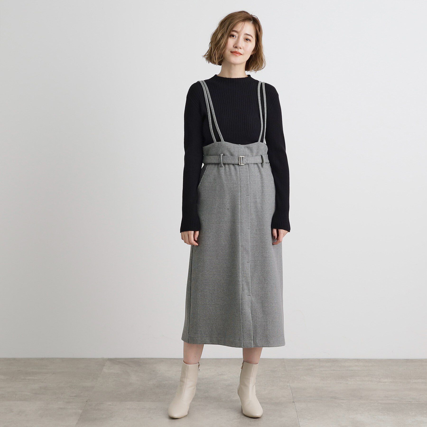 grove「起毛ジャージーナローストラップ付きスカート」|ジャンパースカート|