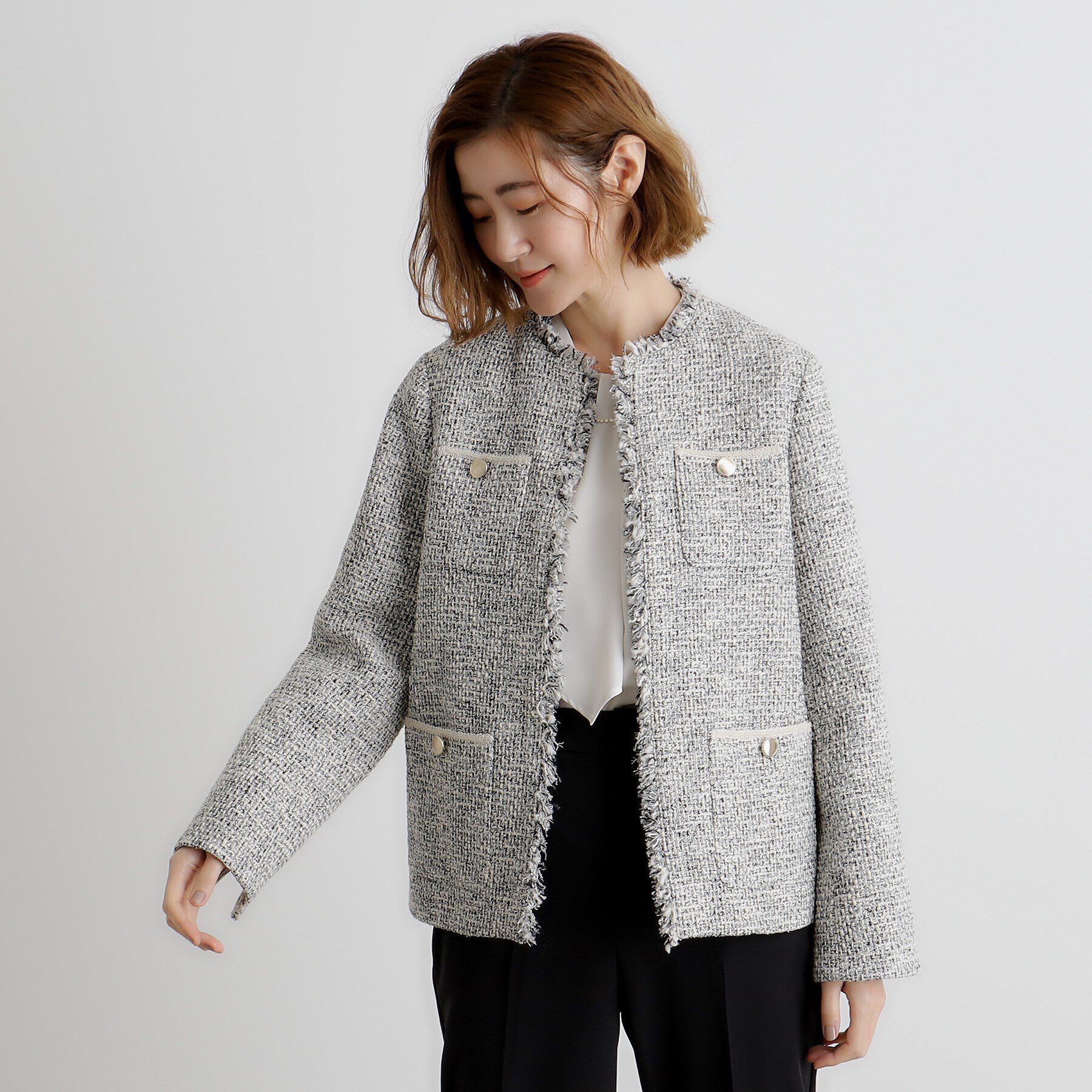 grove「フリンジツイードジャケット」|ノーカラージャケット|