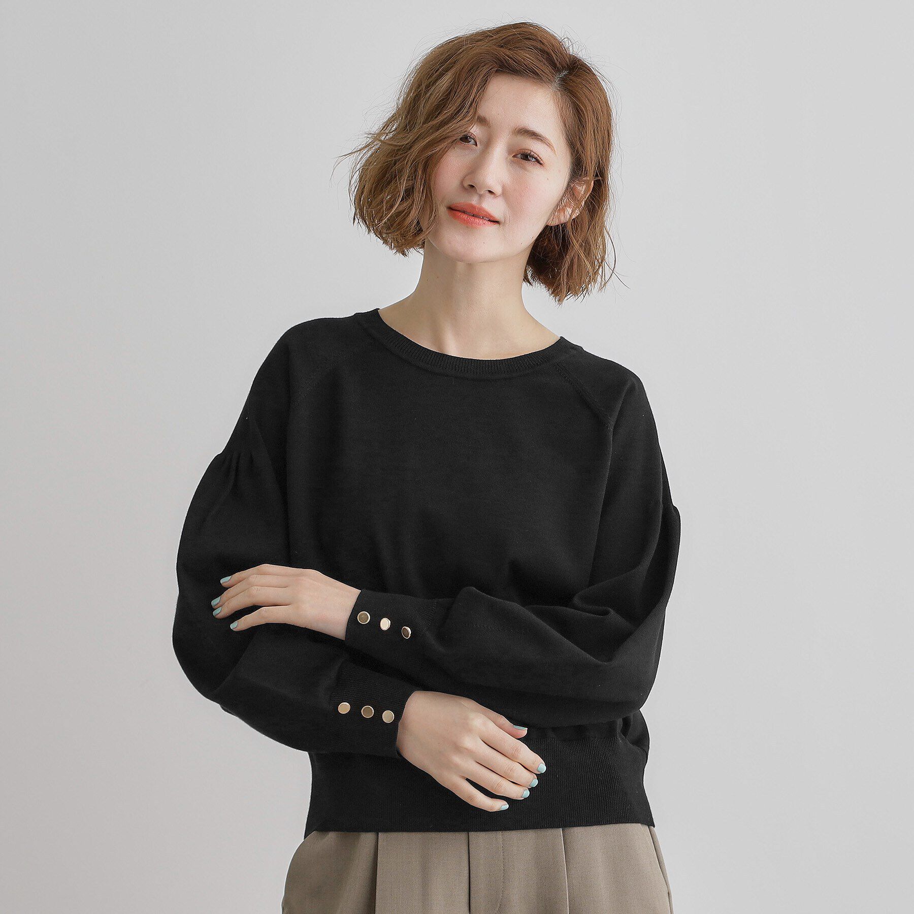 grove「袖口釦ボリュームスリーブクルーネックニット」|ニット・セーター|