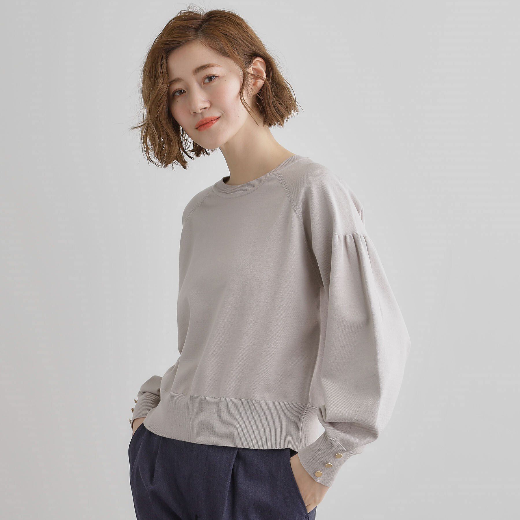 grove「袖口釦ボリュームスリーブクルーネックニット」|ニット・セーター|