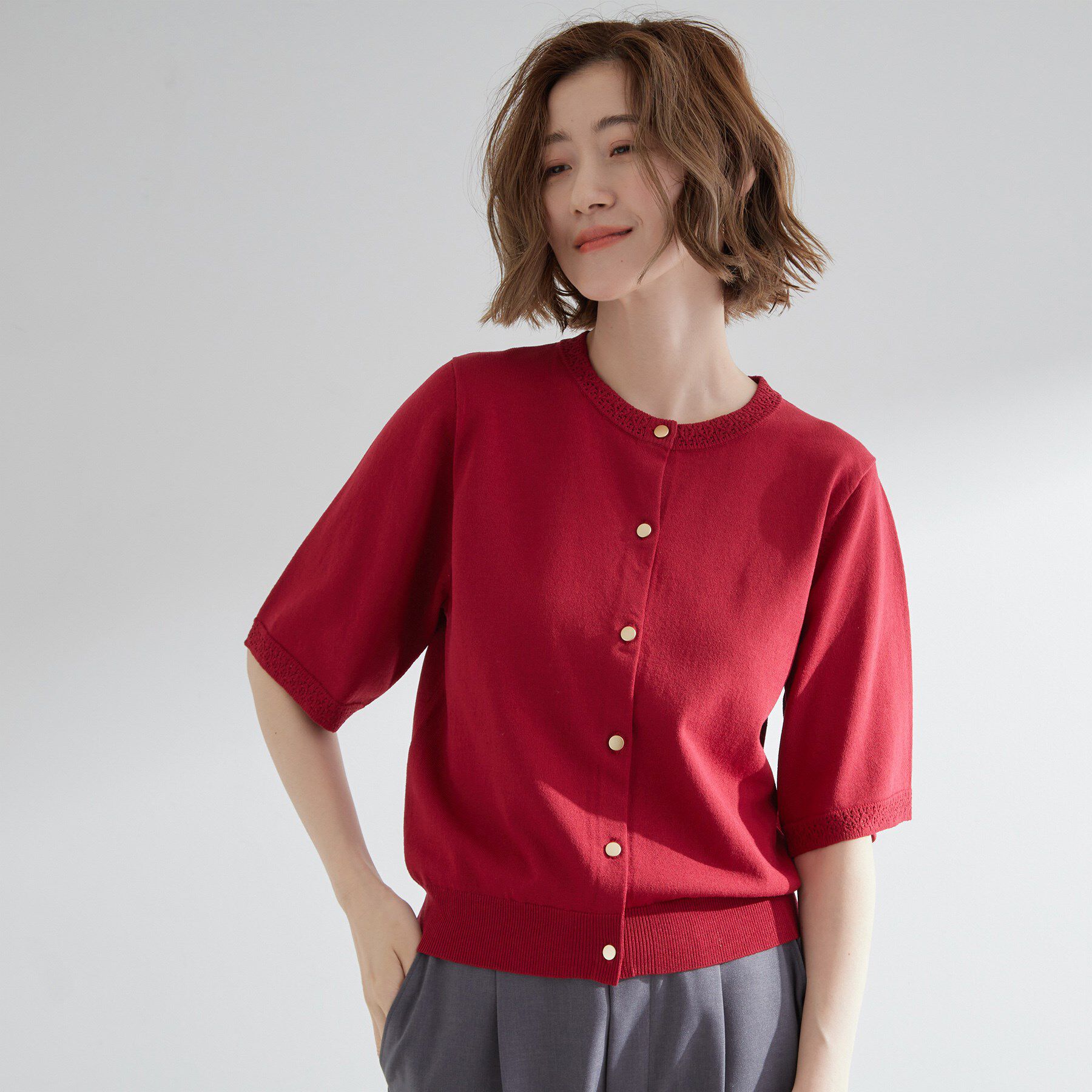 grove「さらりと心地よい　大人のサマーニットカーディガン」|カーディガン|ボルドー(064)