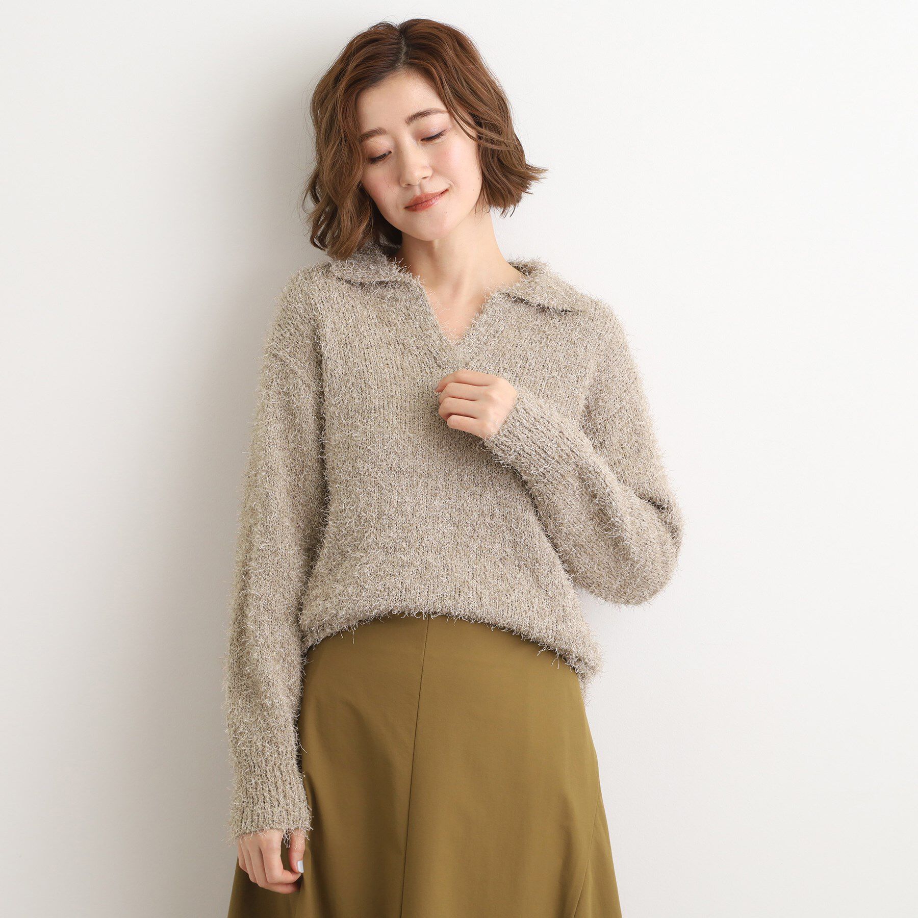 grove「【最終お値下げ！！】ラメフェザーヤーン オープンカラーニット」|ニット・セーター|グレージュ(051)