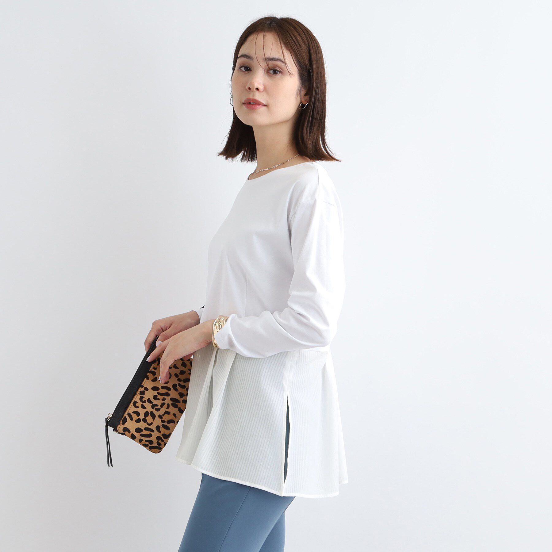 INDIVI「【洗える】透かしストライプコンビトップス」|Tシャツ・カットソー|