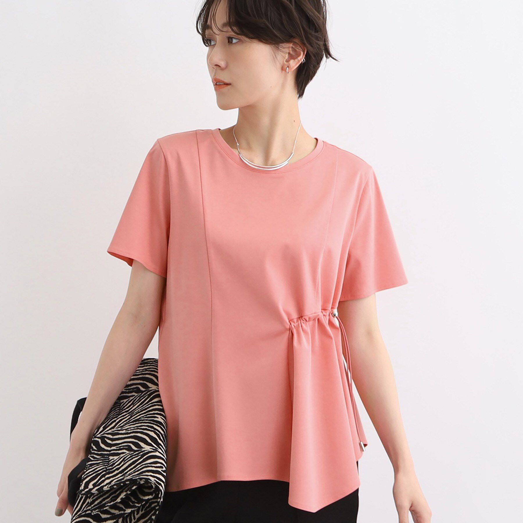 INDIVI「【洗える／トレンド】ドロストデザインTシャツ」|Tシャツ・カットソー|ピンク(073)