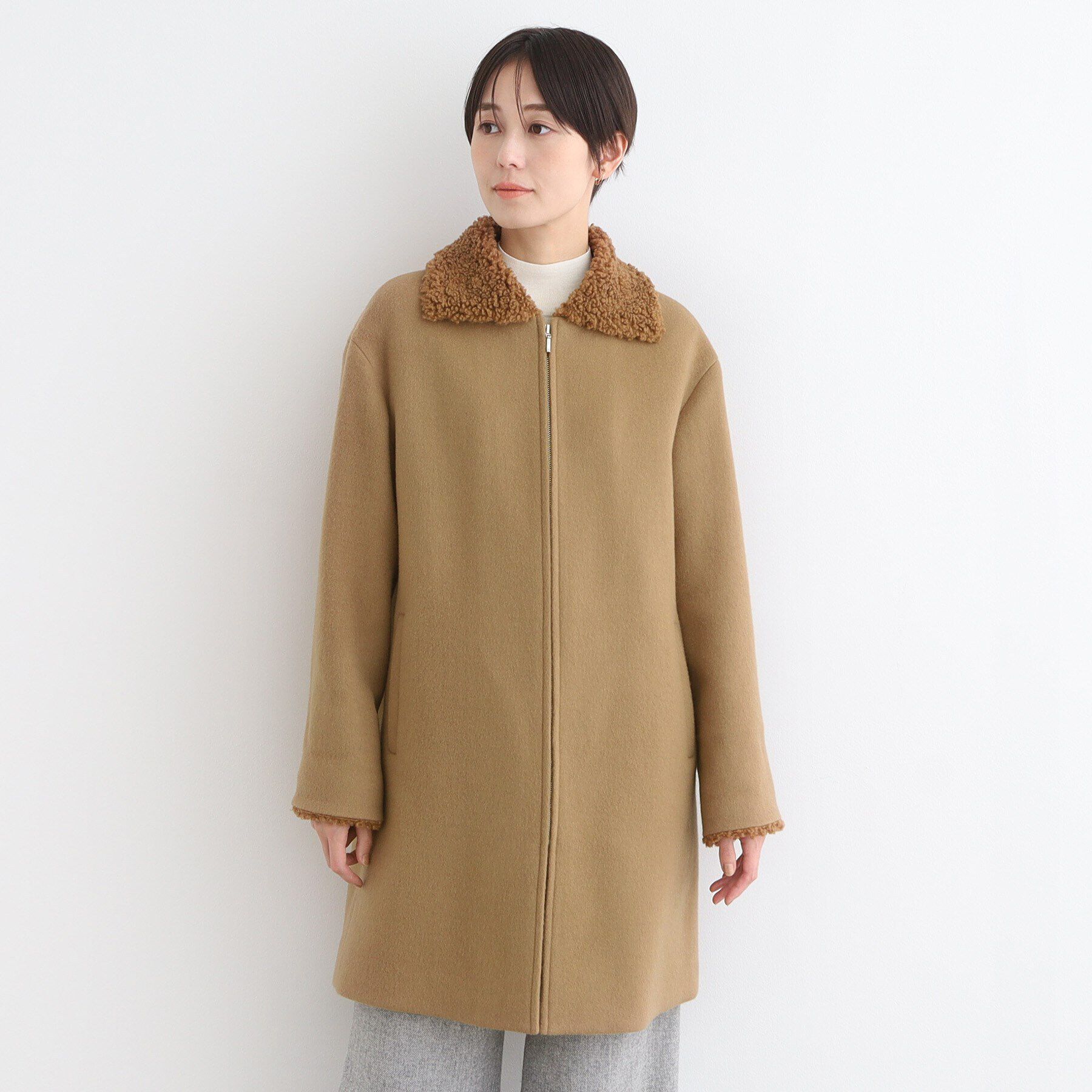 INDIVI「【トレンド◎】カーリーフェイクファーロングウール混コート」|ステンカラーコート|