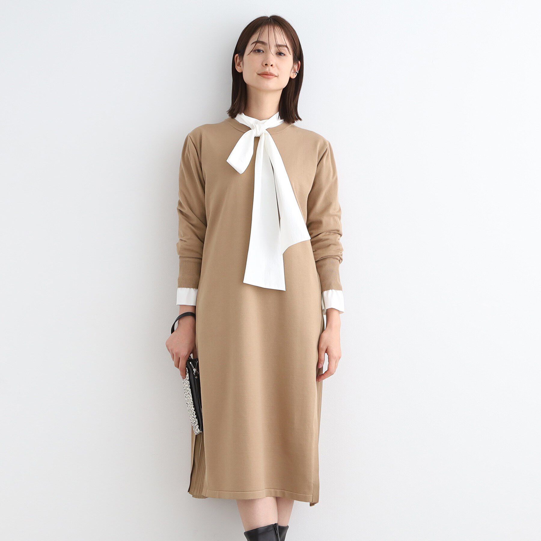 INDIVI「【洗える】サイドプリーツニットワンピース」|ワンピース|ベージュ(052)