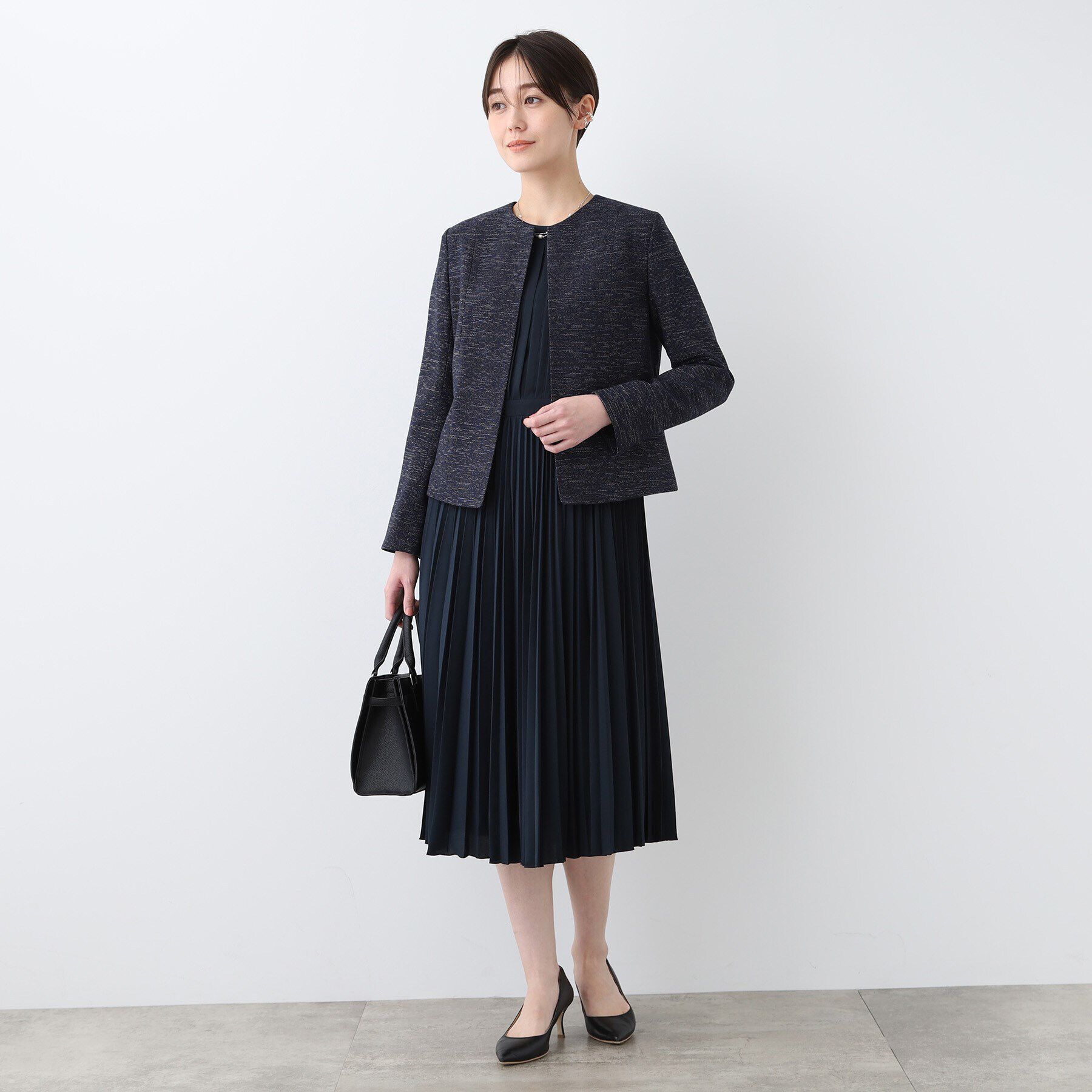 INDIVI「【洗える】ストレッチツィードジャケット」|ノーカラージャケット|