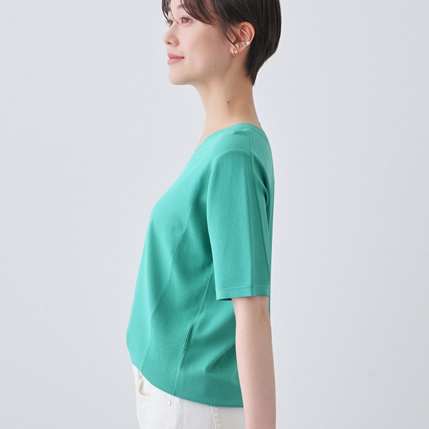 INDIVI「【洗える／清涼感】レーヨンストレッチ 安心丈の半袖ニット」|ニット・セーター|