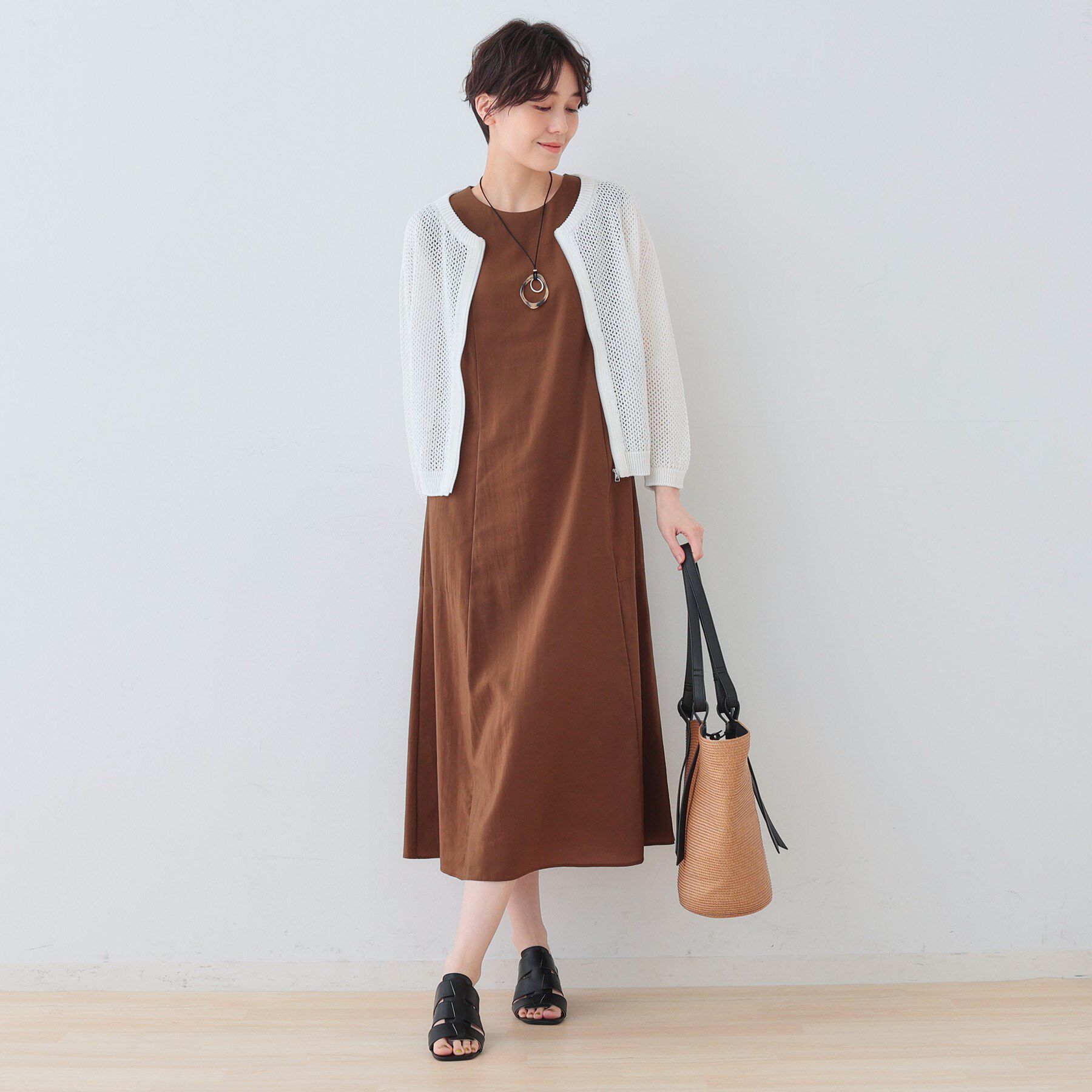 INDIVI「【洗える／コットン100％】メッシュ柄ニットブルゾン」|カーディガン|