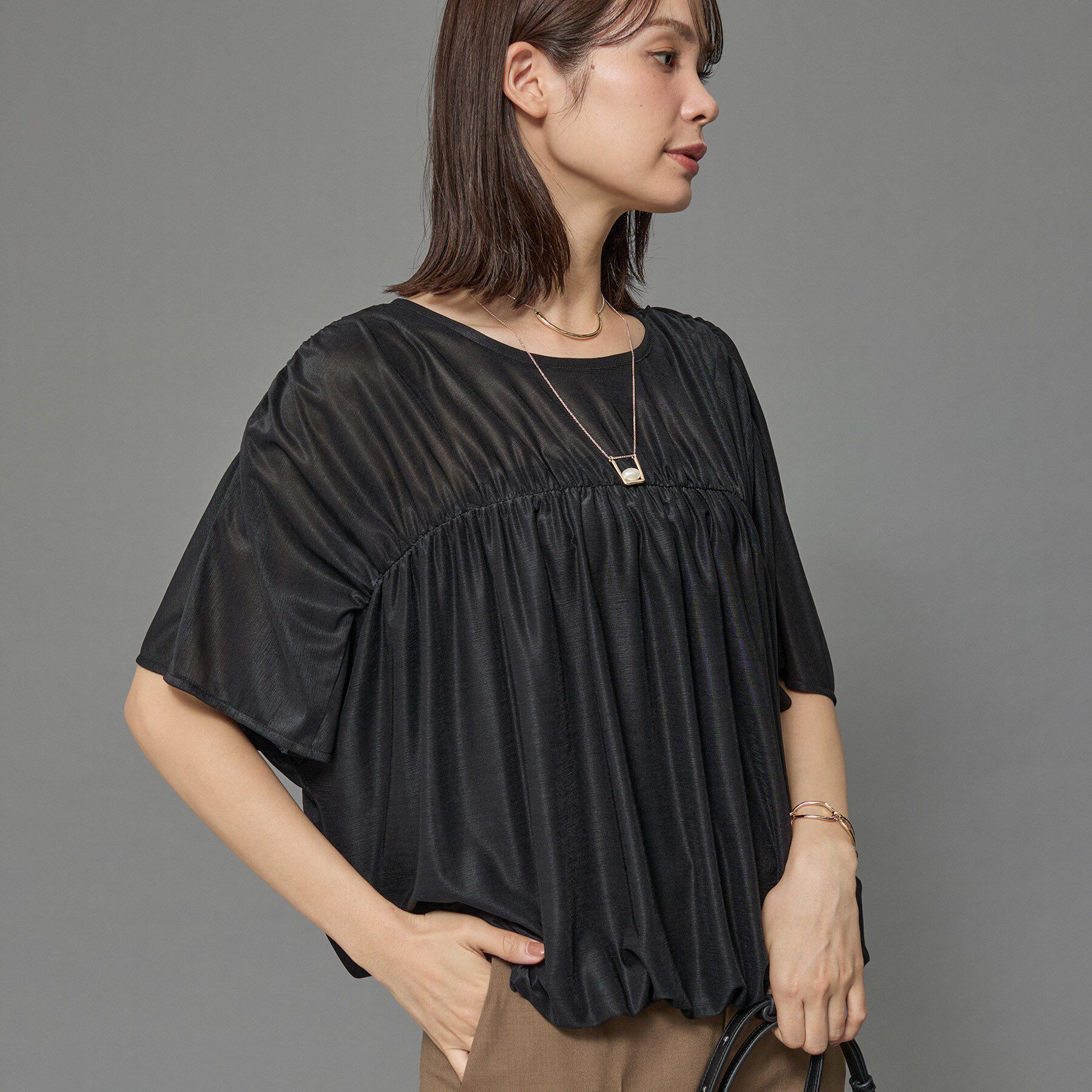 INDIVI「【洗える／体型カバー】シャーリングシアートップス」|Tシャツ・カットソー|ブラック(019)