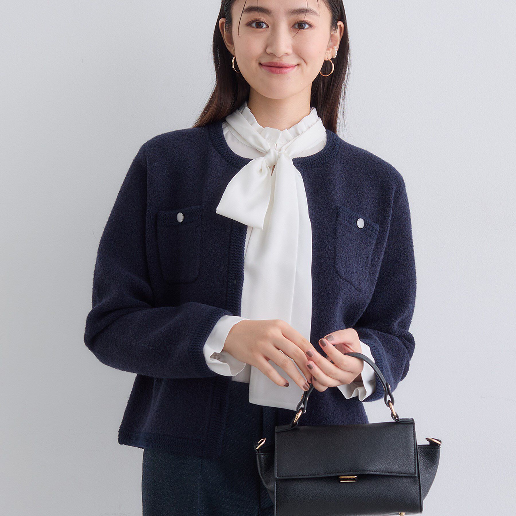 INDIVI「【ミニブークレ素材】ジャケットライクカーディガン」|カーディガン|ネイビー(094)