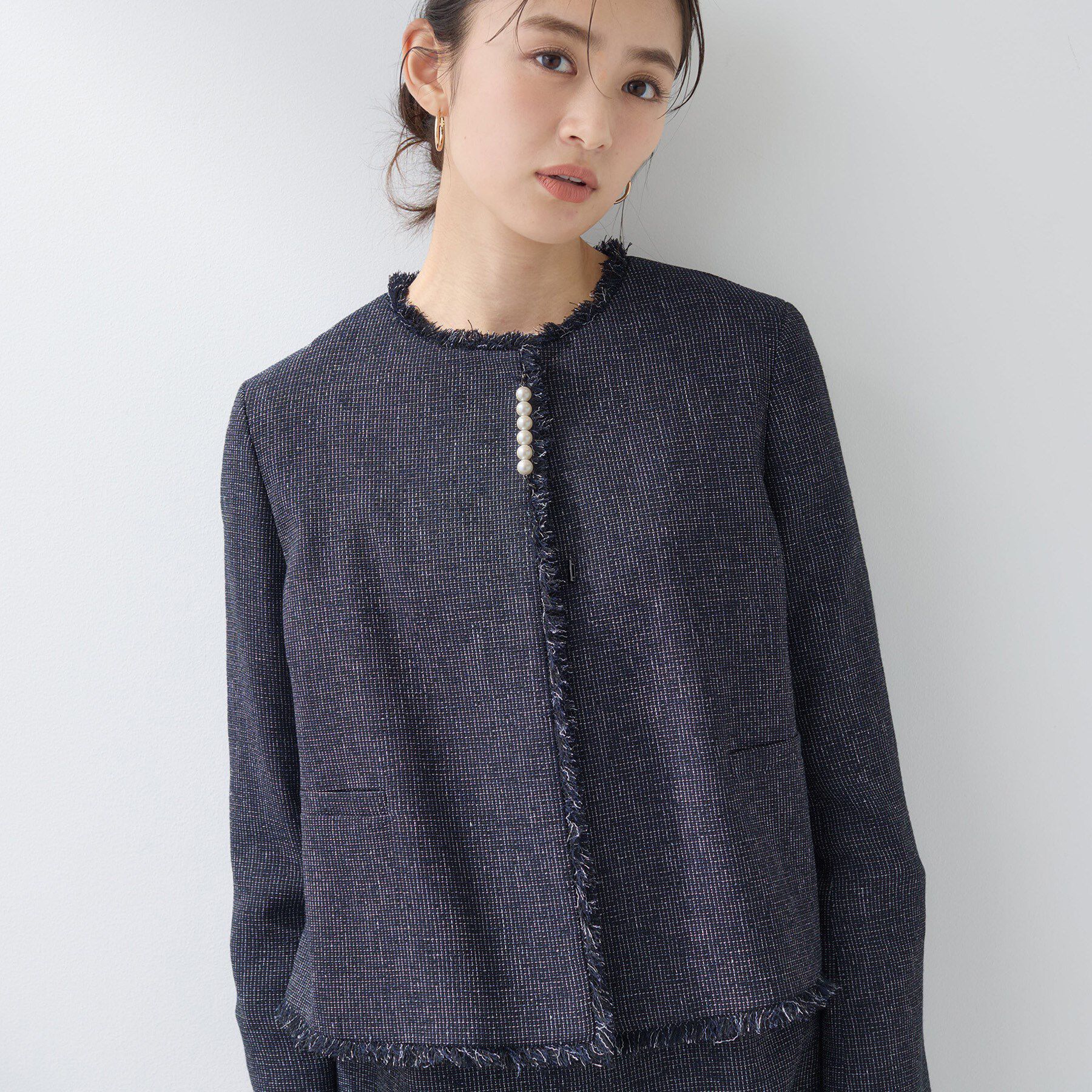 INDIVI「【軽量／セレモニー／SETUP可能】ストレッチツイードジャケット」|ノーカラージャケット|